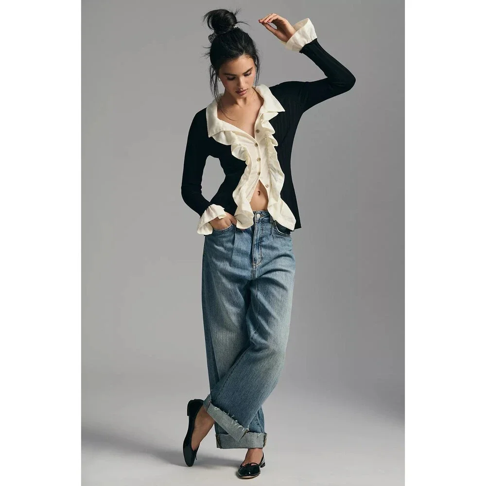 ANTHROPOLOGIE Ruffle Front Cardigan Size S Black Cream Whimsigoth Victorian